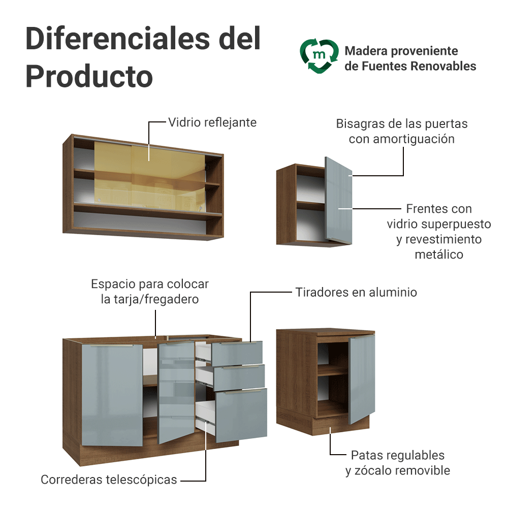 Cocina Compacta 180 x 60 cm Marrón/Gris Lux Madesa 05