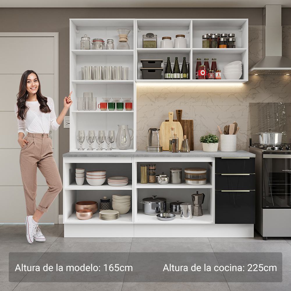 Cocina Compacta 190 cm Con Vitrina Blanco/Negro Lux Madesa