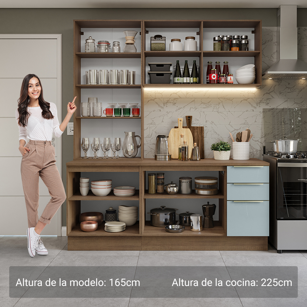 Cocina Compacta 190 cm Con Vitrina Marrón/Gris Lux Madesa