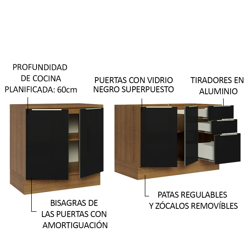 Kit 2 Gabinetes Bajos de Cocina 200 cm Sin Encimera Marrón/Negro Lux Madesa