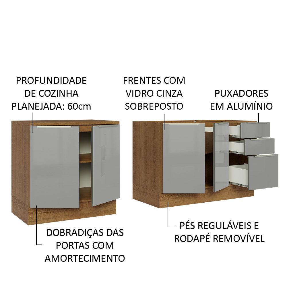 Kit con 2 Gabinetes de Cocina Lux 4 Puertas 3 Cajones (Sin Encimera y Tarja) Marrón/Gris