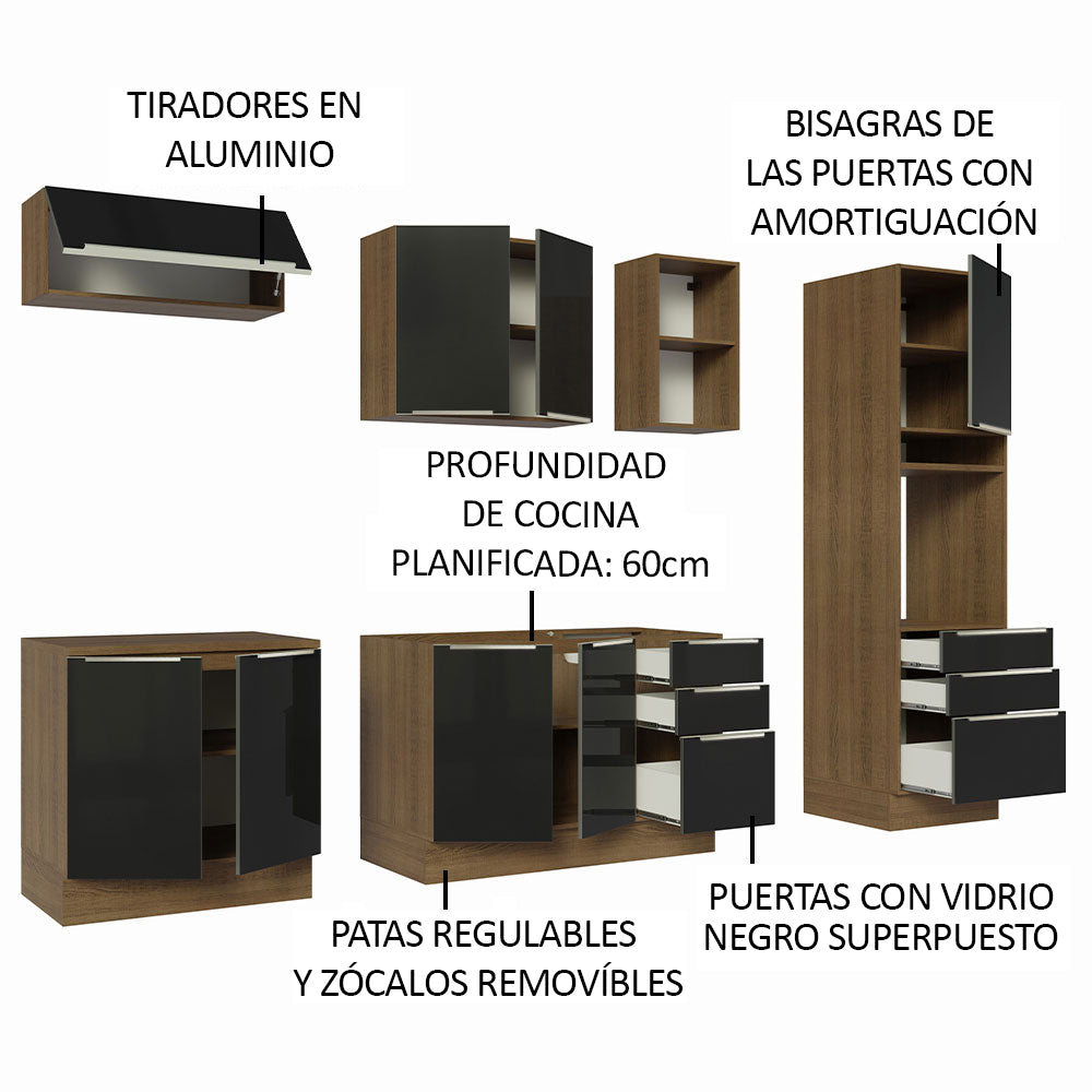 Cocina Integral 260 x 60 cm 8 Puertas 6 Cajones Con Mueble para Horno Marrón/Negro Lux Madesa
