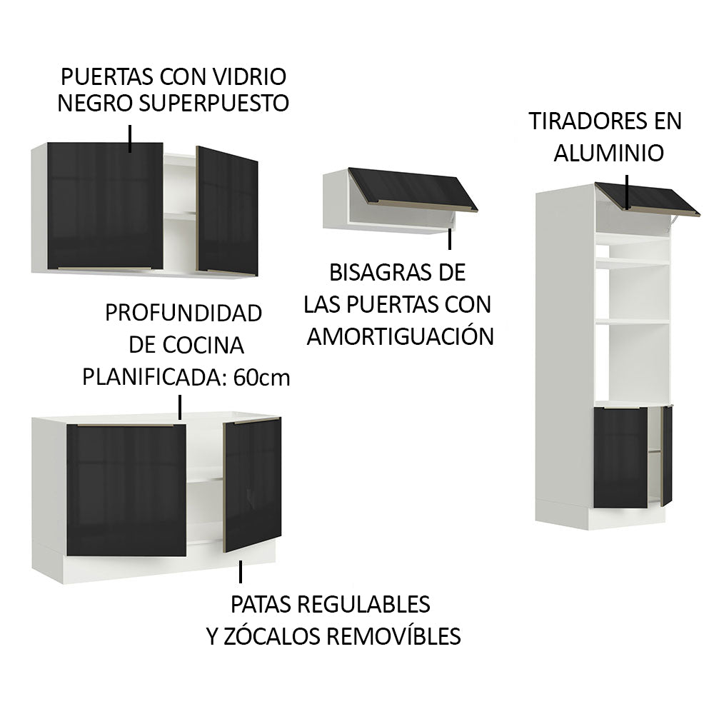 Cocina Integral 270 x 60 cm Con Mueble para Horno Blanco/Negro Lux Madesa