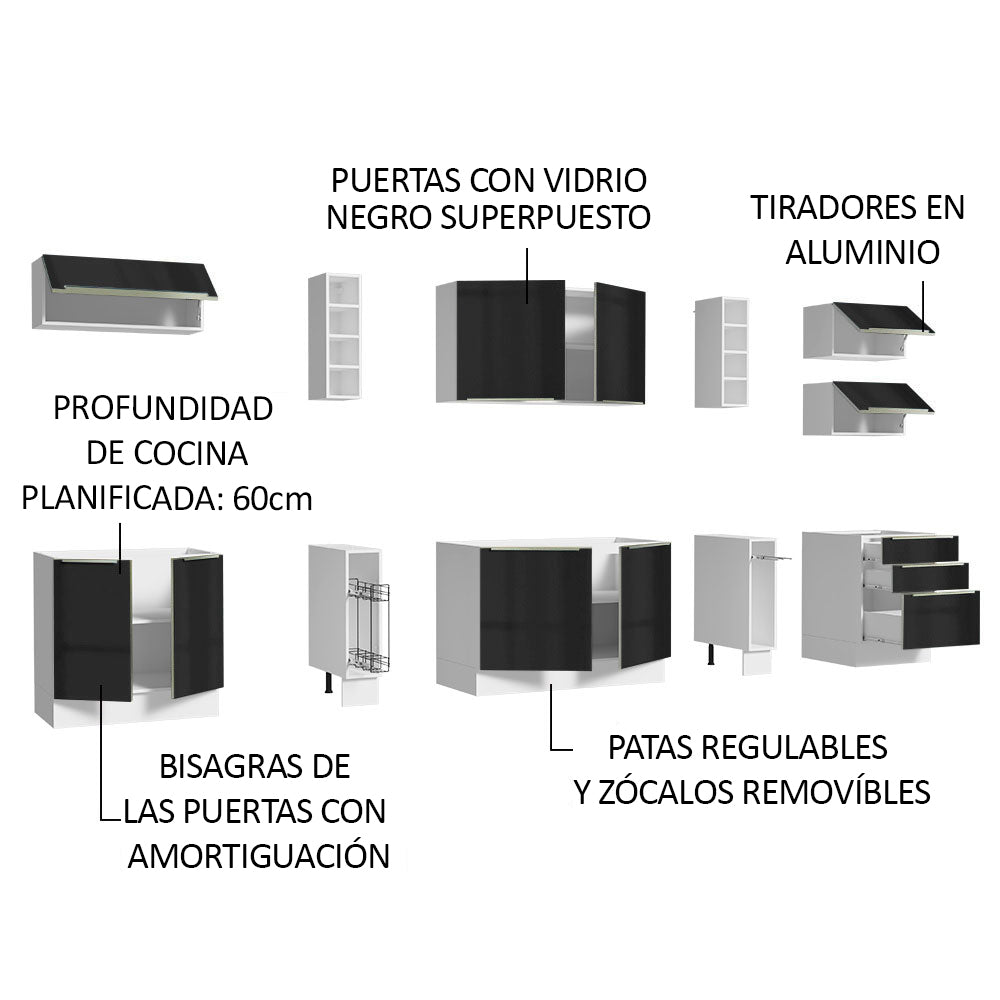 Cocina Integral 300cm Blanco/Negro Lux de Sabrina