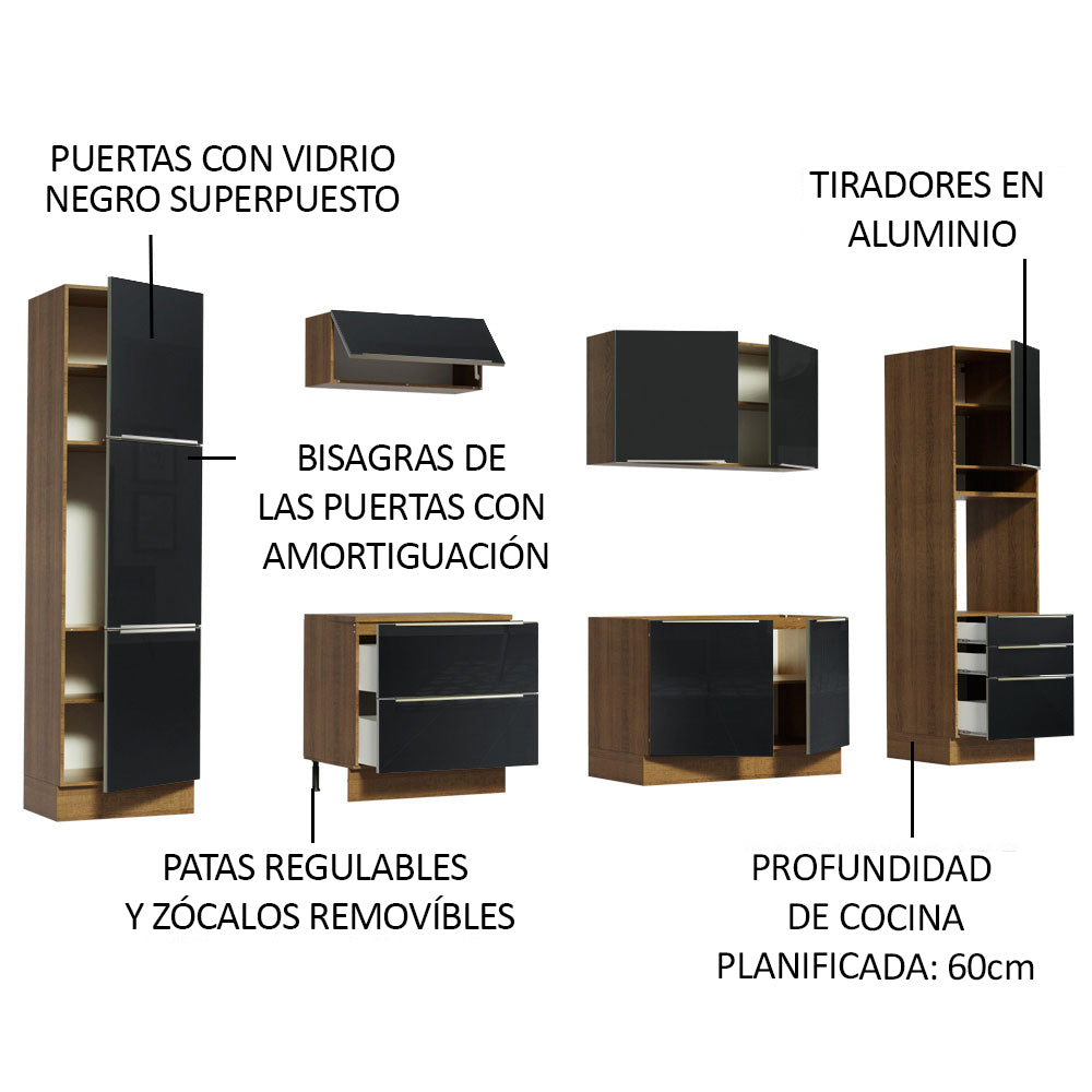Cocina Integral 320 x 60 cm 9 Puertas 5 Cajones Con Mueble para Horno Marrón/Negro Lux Madesa 03