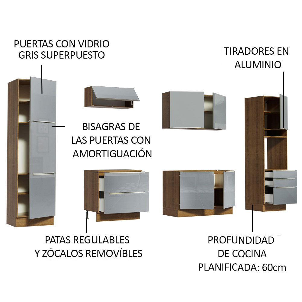 Cocina Integral 320 x 60 cm 9 Puertas 5 Cajones Con Mueble para Horno Marrón/Gris Lux Madesa 03