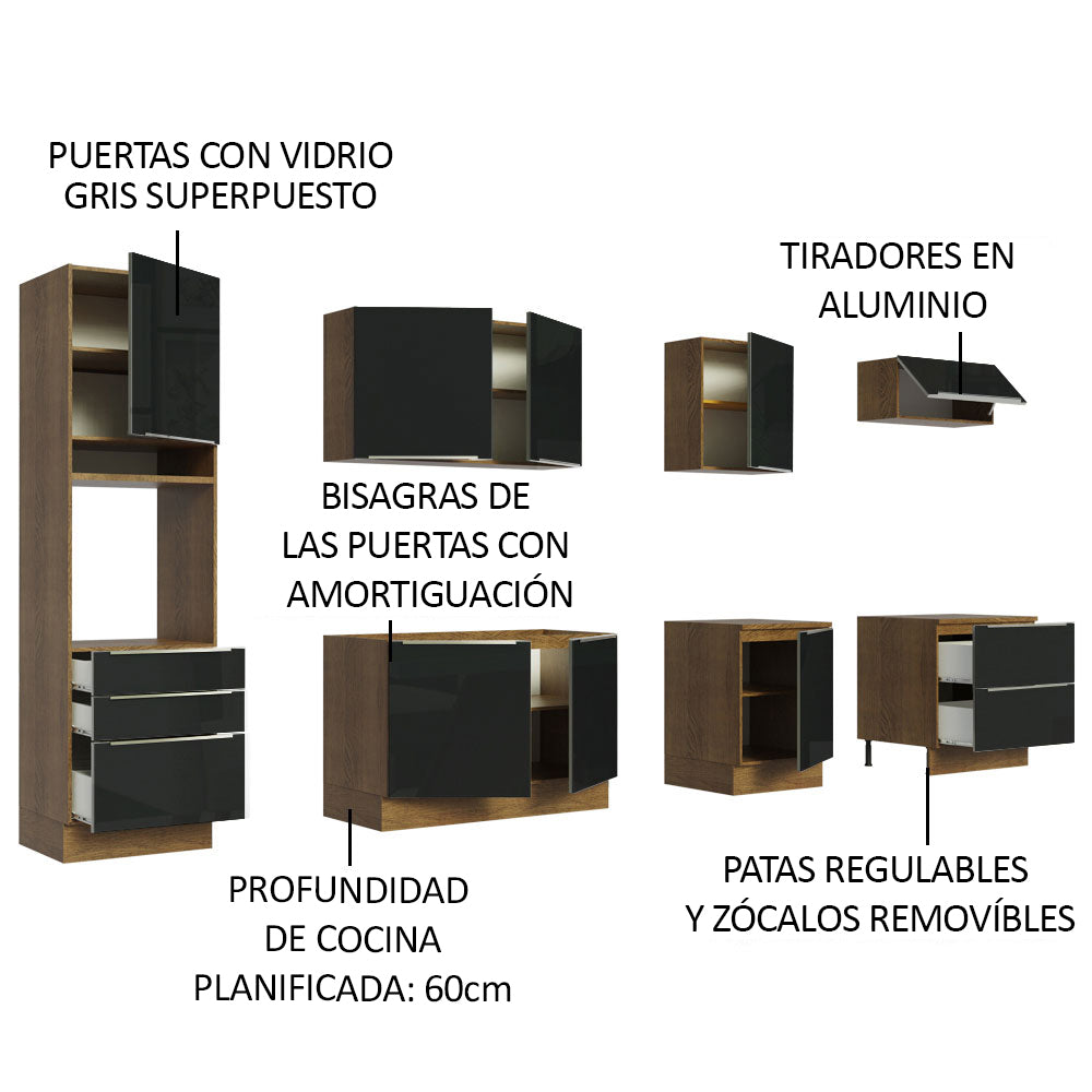 Cocina Integral 320 x 60 cm 8 Puertas 5 Cajones Con Mueble para Horno Marrón/Negro Lux Madesa