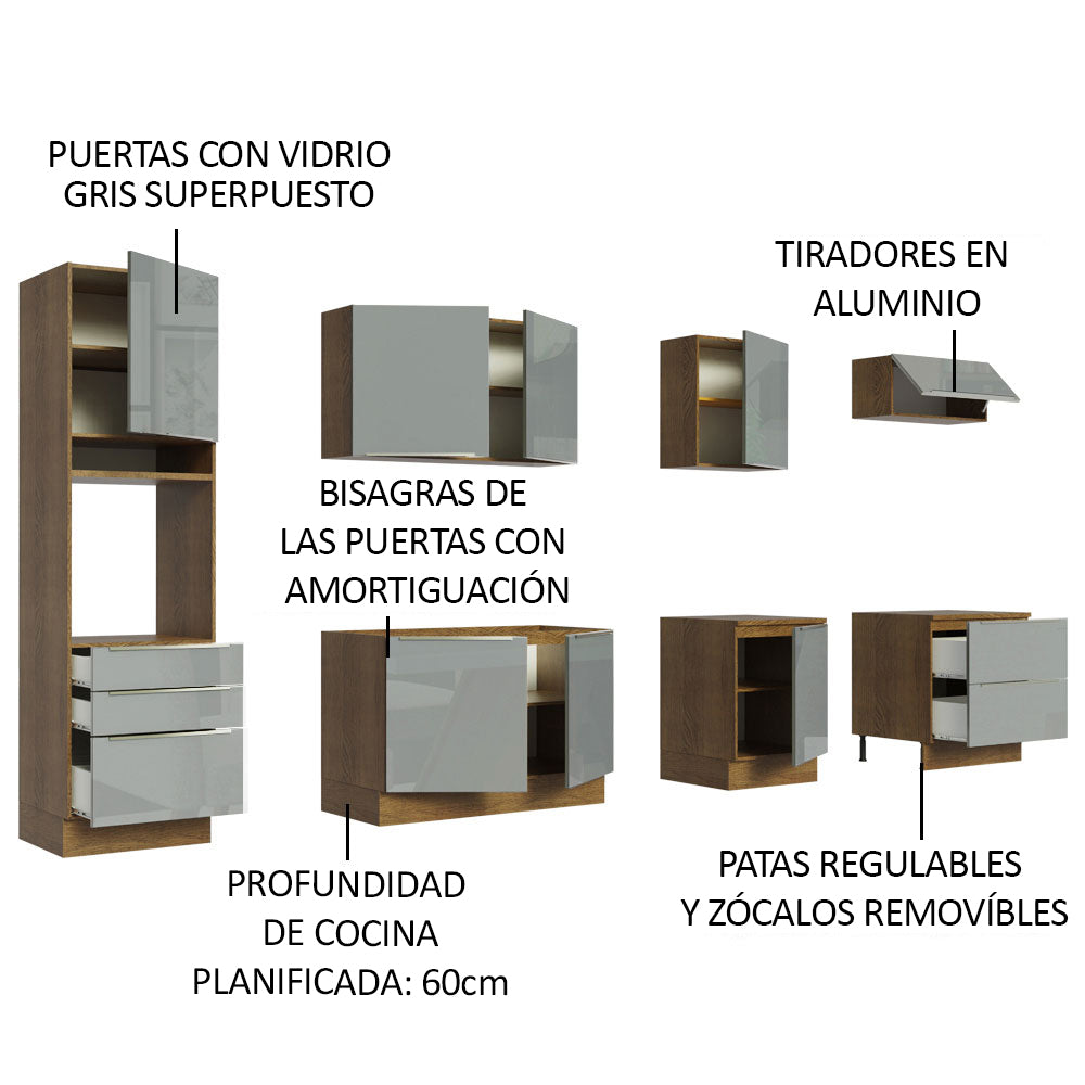 Cocina Integral 320 x 60 cm 8 Puertas 5 Cajones Con Mueble para Horno Marrón/Gris Lux Madesa