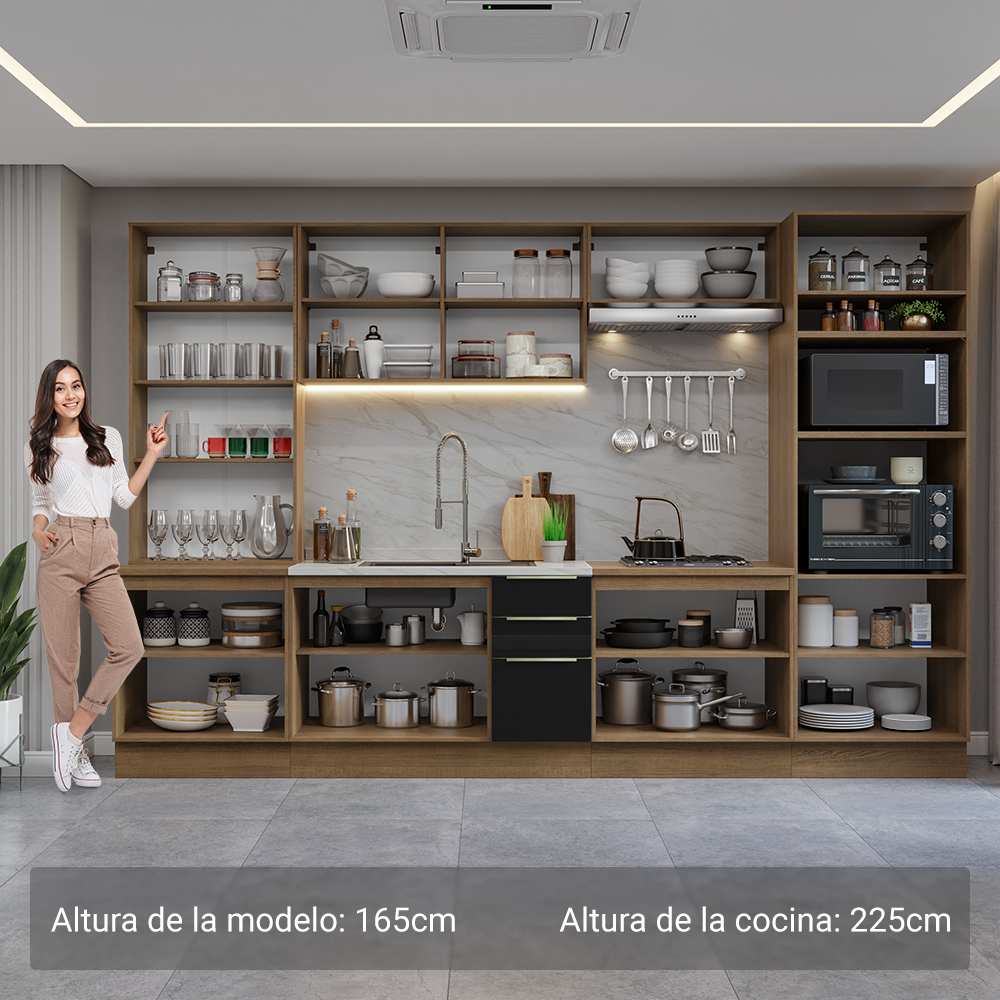 Cocina Integral 340 x 60 cm 14 Puertas 3 Cajones Con Vitrina Marrón/Negro Lux Madesa 02