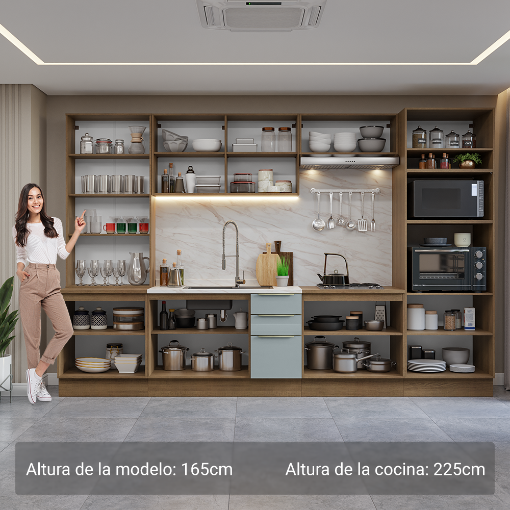 Cocina Integral 340 x 60 cm 14 Puertas 3 Cajones Con Vitrina Marrón/Gris Lux Madesa 02