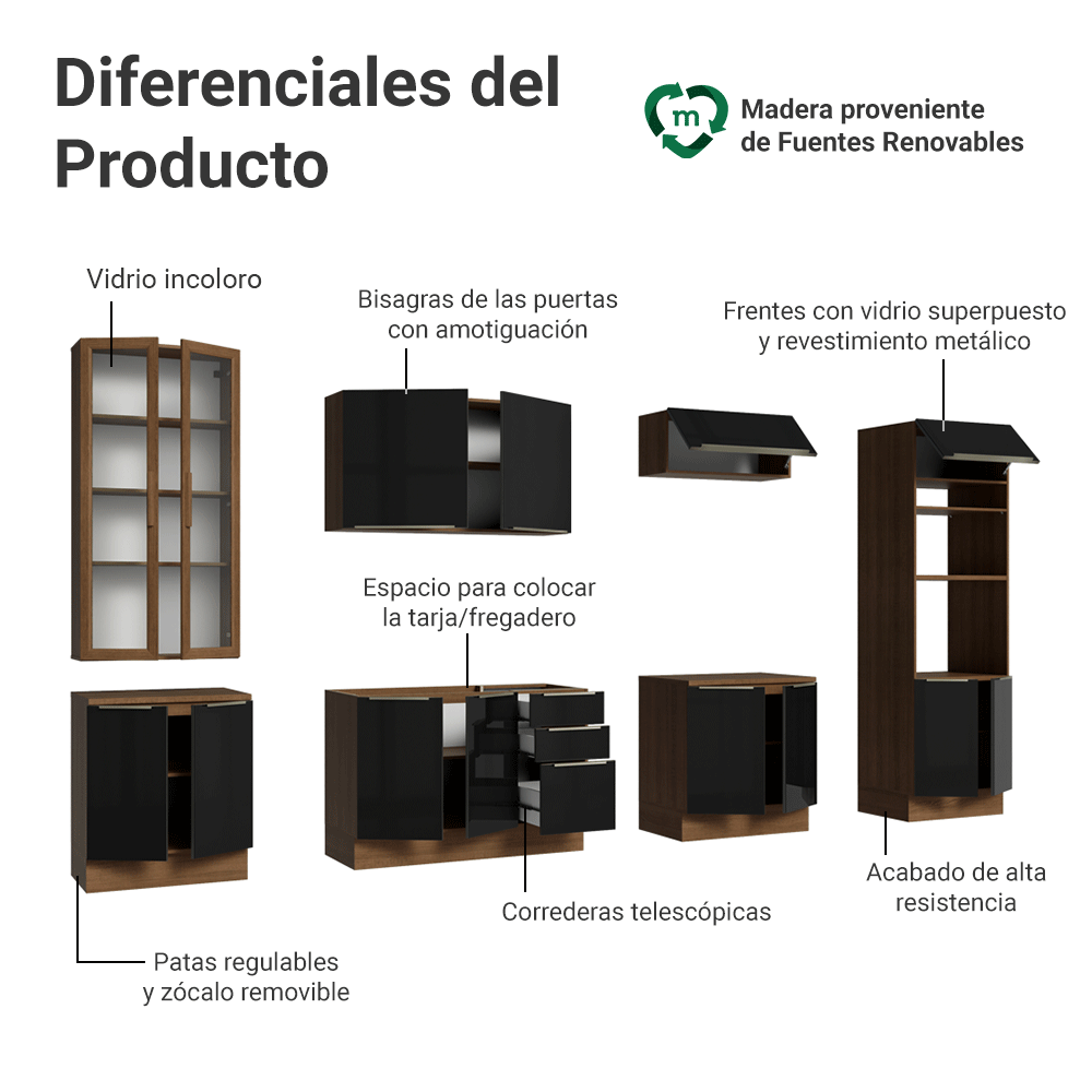 Cocina Integral 340 cm Marrón/Negro Lux Madesa 03