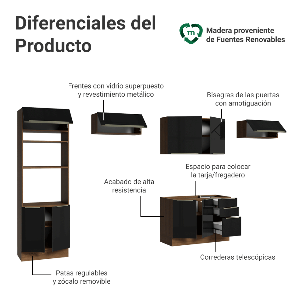 Cocina Integral 350 cm Marrón/Negro Lux Madesa 01