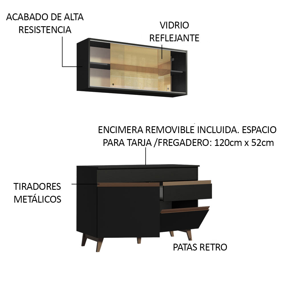 Cocina Compacta 120 x 52 cm 4 Puertas 1 Cajón Negro Reims Madesa