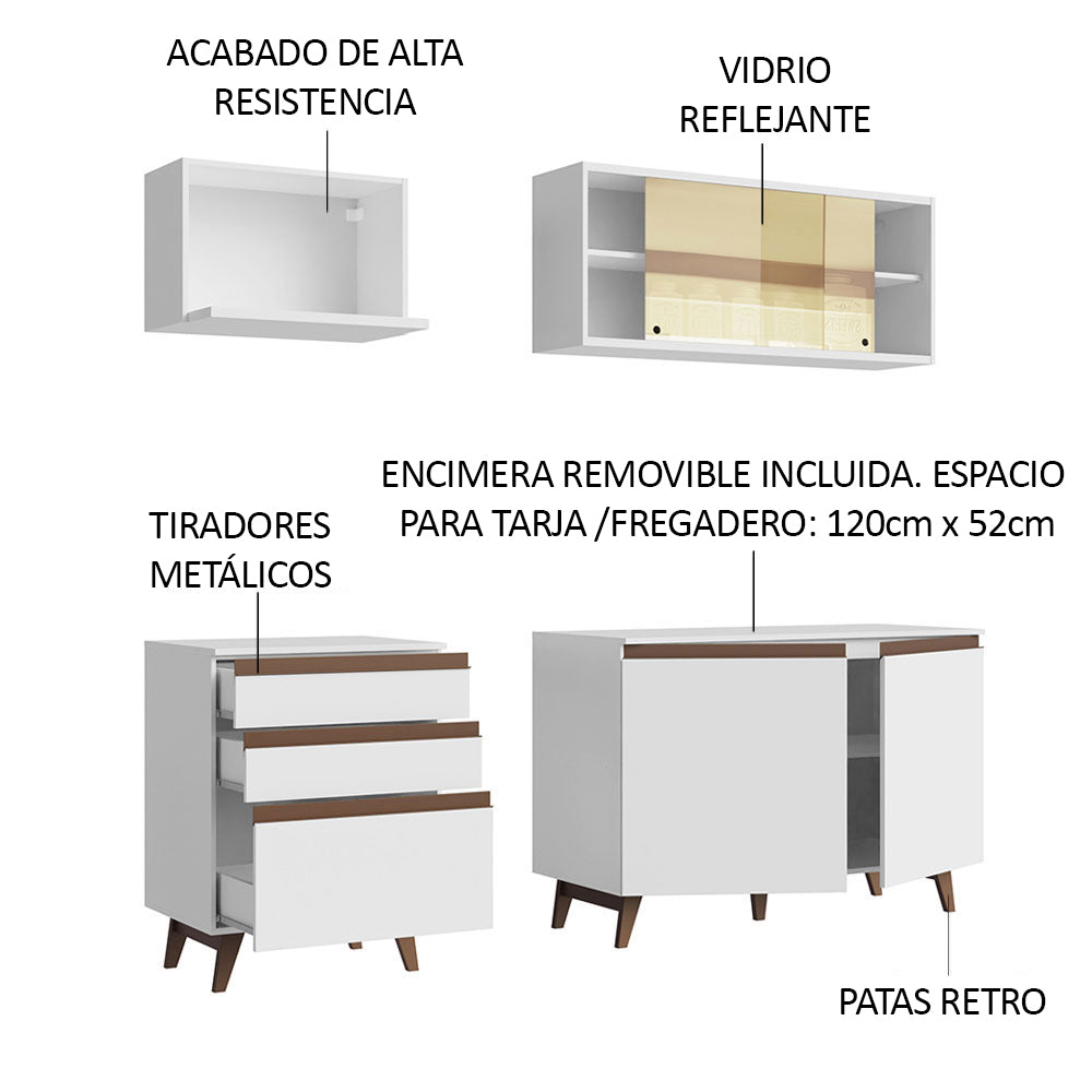 Cocina Compacta 180 x 52 cm 4 Puertas 3 Cajones Blanco Reims Madesa