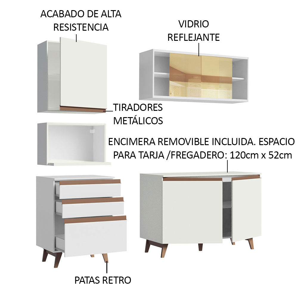 Cocina Compacta 180 x 52 cm 5 Puertas 3 Cajones Blanco Reims Madesa 01