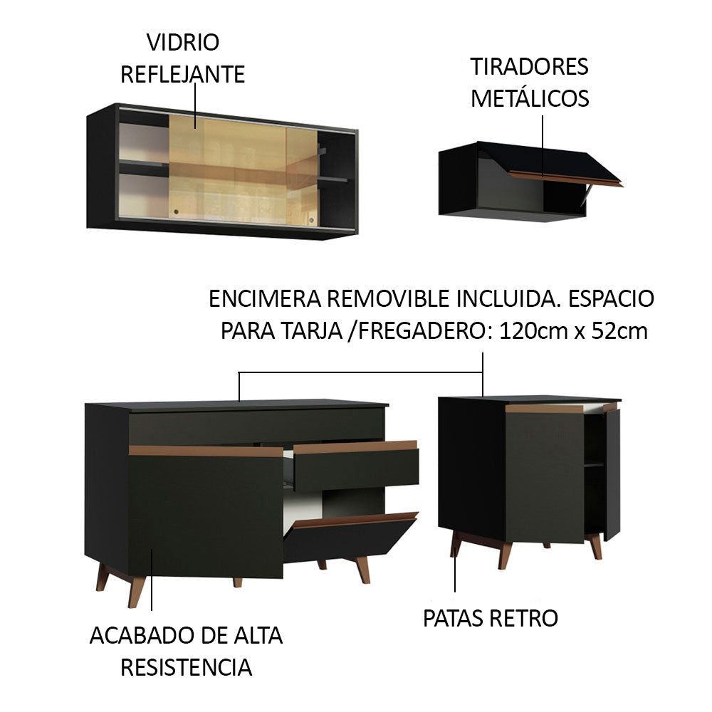 Cocina Compacta 190 x 52 cm 7 Puertas 1 Cajón Negro Reims Madesa