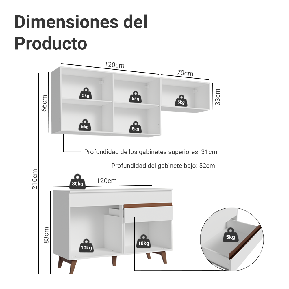 Cocina Compacta 190 x 52 cm 5 Puertas 1 Cajón Blanco Reims Madesa 04