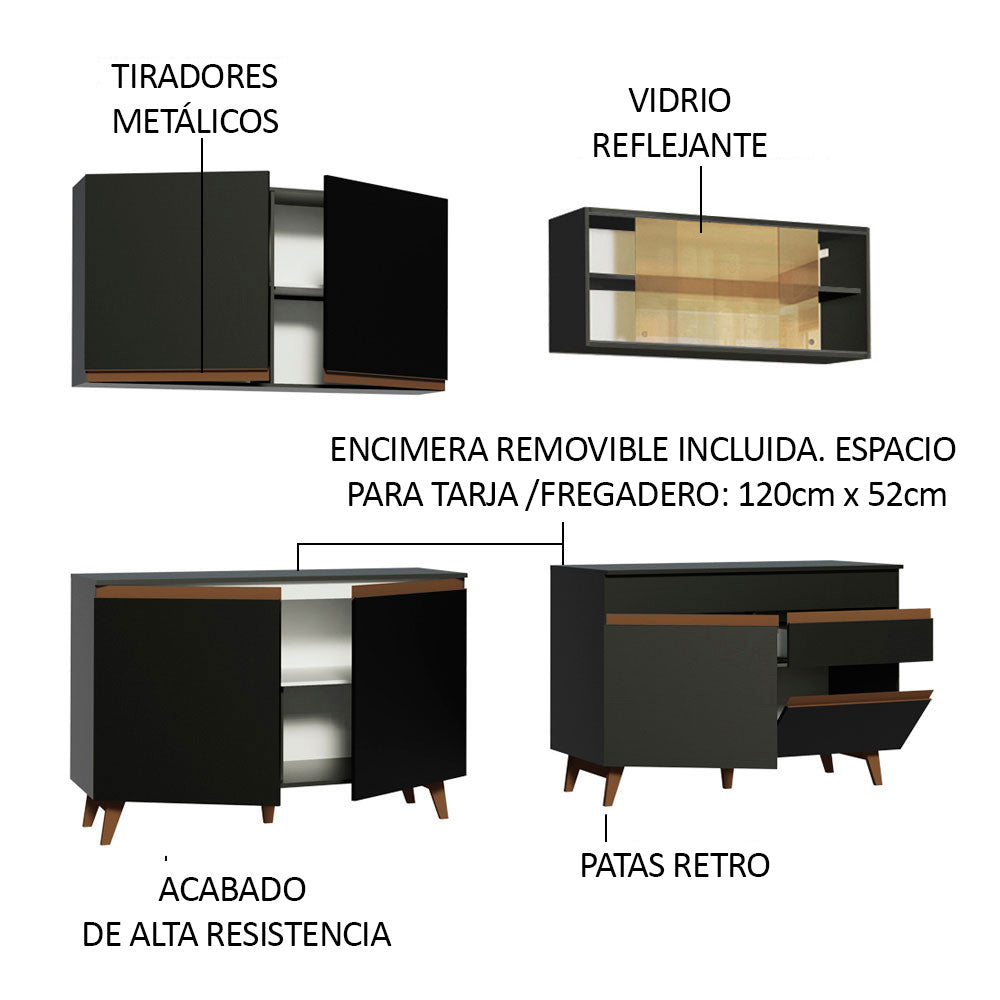 Cocina Integral 240 x 52 cm 8 Puertas 1 Cajón Negro Reims Madesa