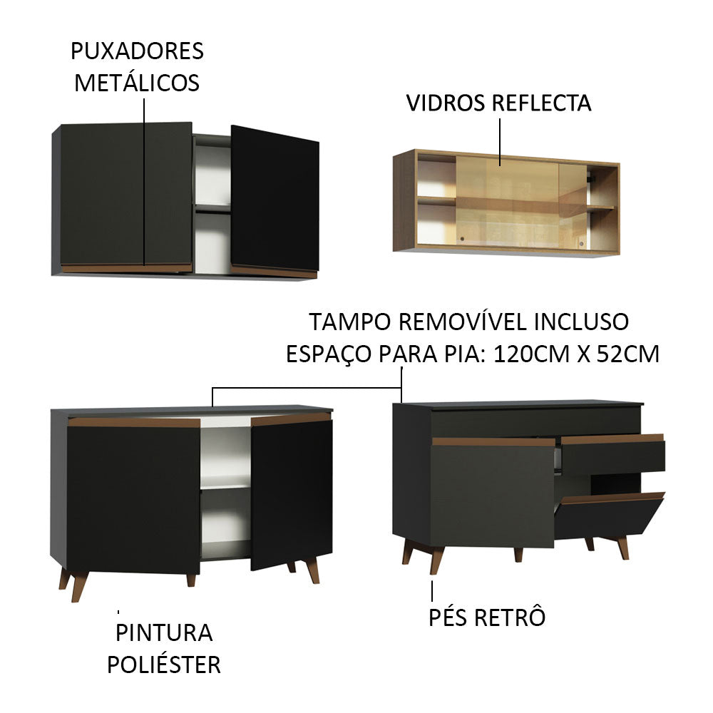 Cocina Integral 240 cm Negro/Marrón Reims Madesa