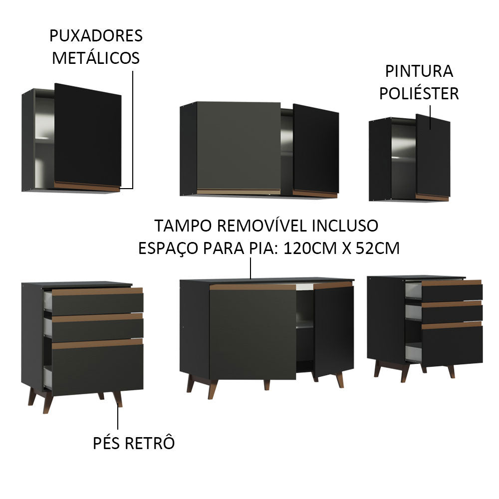 Cocina Integral 240 x 52 cm 6 Puertas 6 Cajones Negro Reims Madesa