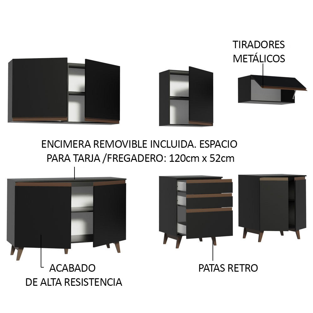 Cocina Integral 250 x 52 cm 8 Puertas 3 Cajones Negro Reims Madesa