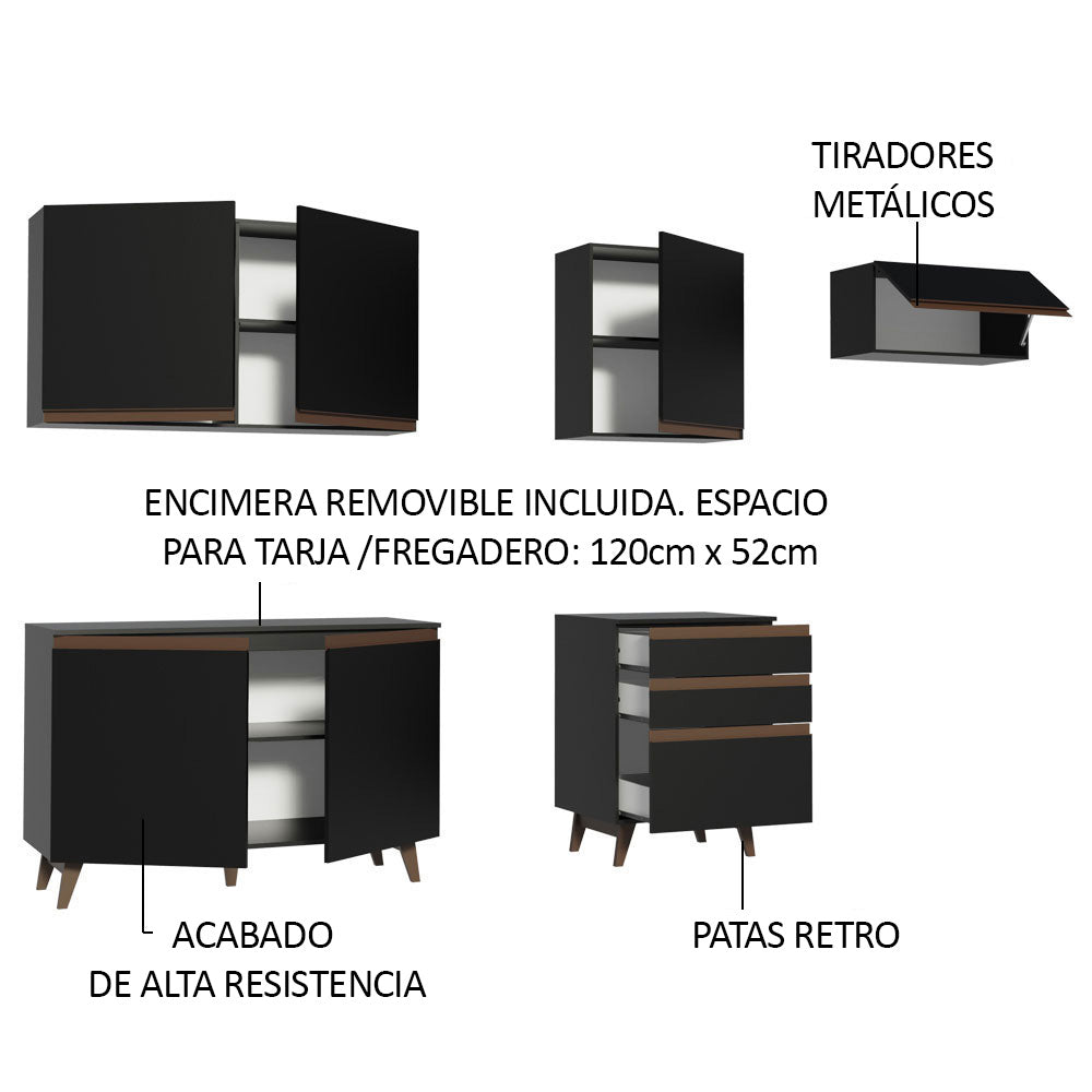 Cocina Integral 250 x 52 cm 6 Puertas 3 Cajones Negro Reims Madesa 02