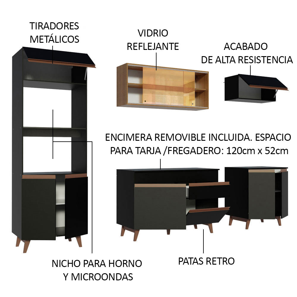 Cocina Integral 260 cm Con Mueble para Horno Negro/Marrón Reims Madesa