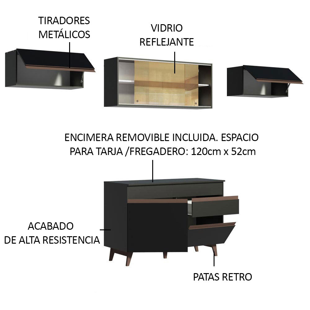 Cocina Integral 260 x 52 cm 6 Puertas 1 Cajón Negro Reims Madesa