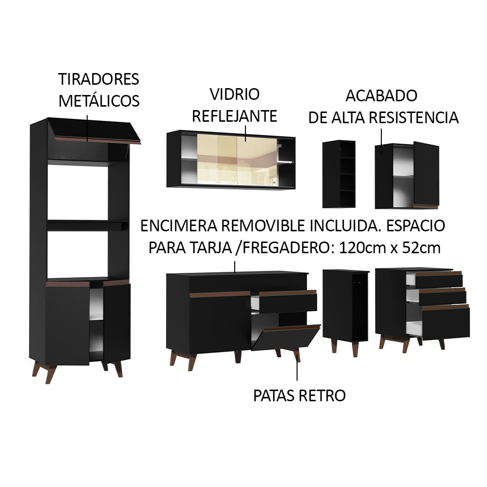 Cocina Integral 270 x 52 cm 8 Puertas 4 Cajones Con Mueble para Horno Negro Reims Madesa 01