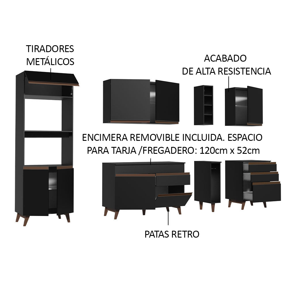 Cocina Integral 270 x 52 cm 8 Puertas 4 Cajones Con Mueble para Horno Negro Reims Madesa 02