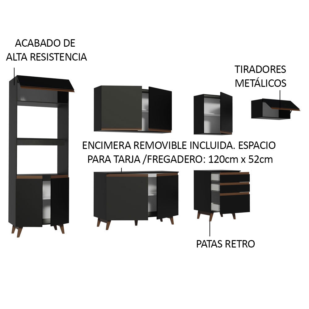 Cocina Integral 320 x 52 cm 9 Puertas 3 Cajones Con Mueble para Horno Negro Reims Madesa