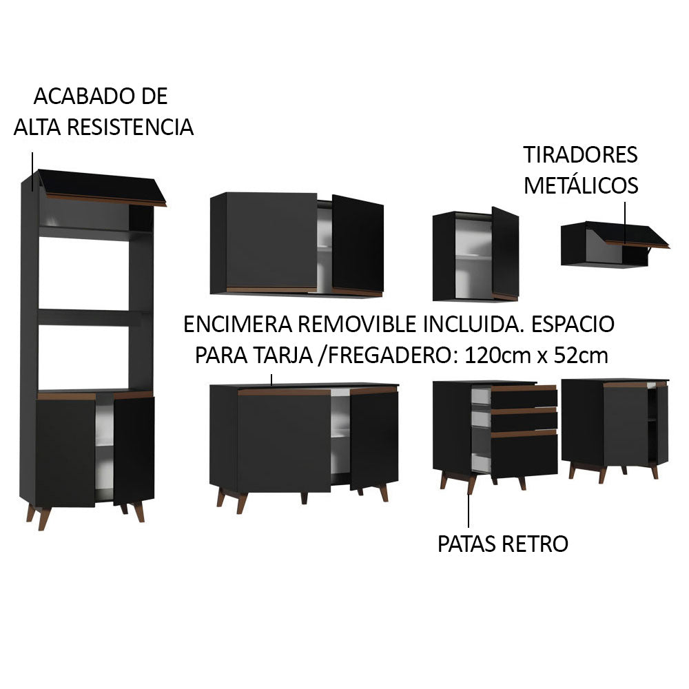 Cocina Integral 320 x 52 cm 11 Puertas 3 Cajones Con Mueble para Horno Negro Reims Madesa