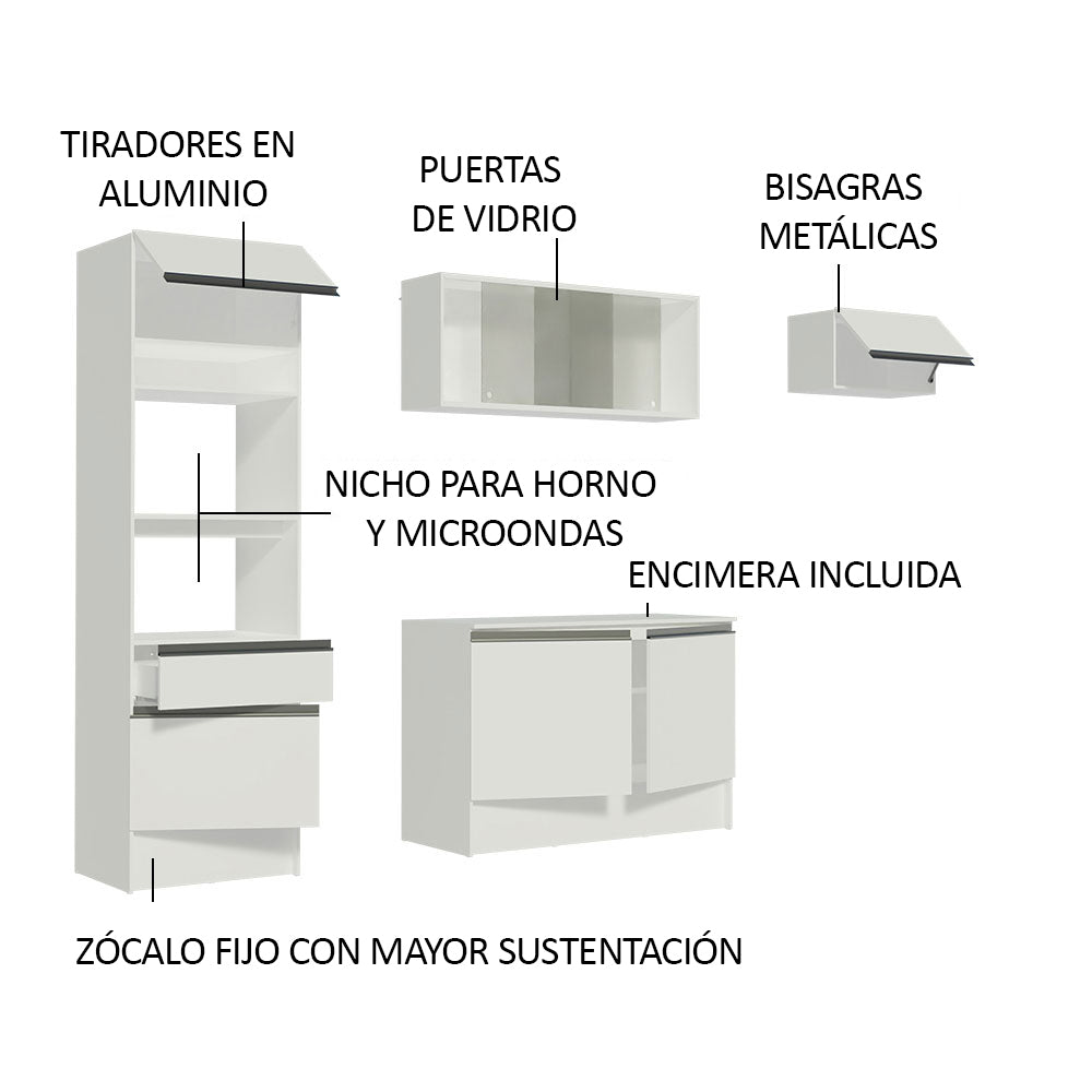 Cocina Integral 240 x 52 cm 7 Puertas 1 Cajón Con Mueble para Horno Blanco Topázio Madesa