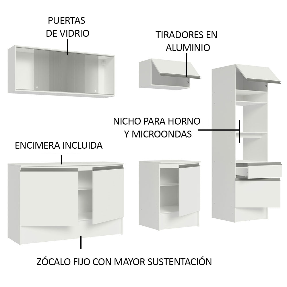 Cocina Integral 240 x 52 cm 8 Puertas 1 Cajón Con Mueble para Horno Blanco Topázio Madesa 05