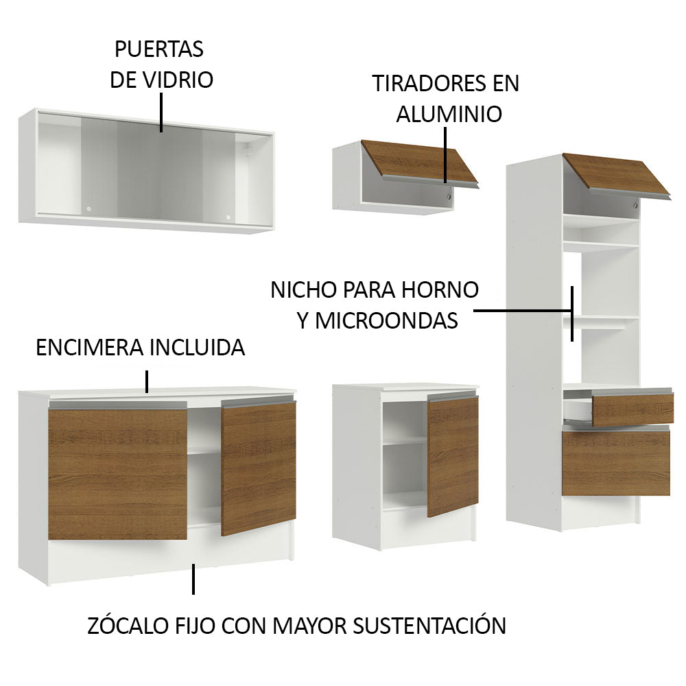 Cocina Integral 240 x 52 cm 8 Puertas 1 Cajón Con Mueble para Horno Blanco/Marrón Topázio Madesa 05