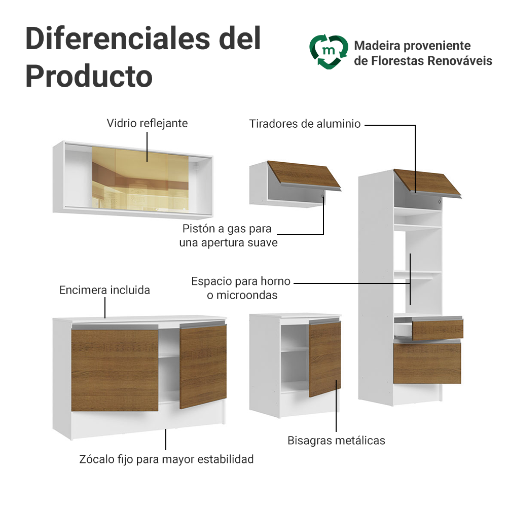 Cocina Integral 240 cm Con Mueble para Horno Blanco/Marrón Topázio Madesa