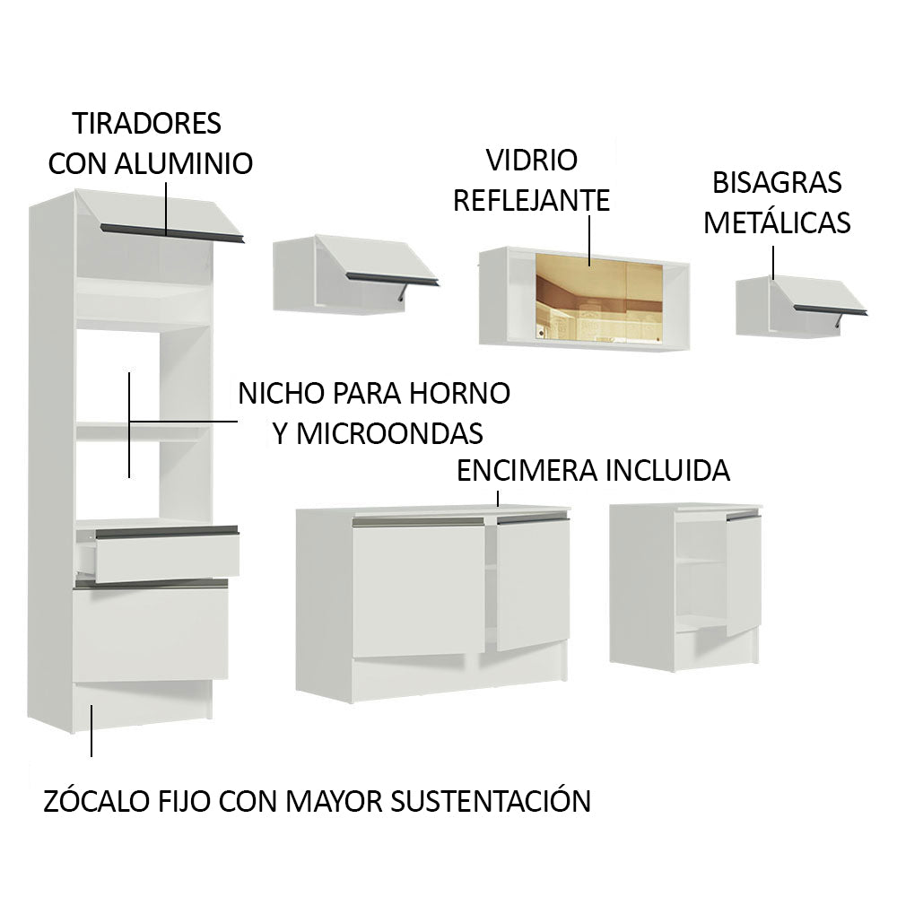 Cocina Integral 300 x 52 cm 9 Puertas 1 Cajón Con Mueble para Horno Blanco Topázio Madesa 02