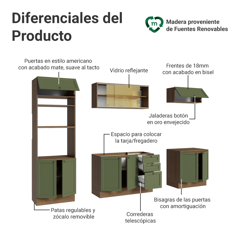 Cocina Integral 270 cm Marrón/Verde Vik Madesa 02