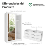 Conjunto de Recámara Individual con Clóset 2 Puertas con Espejos y Cómoda Blanco Madesa