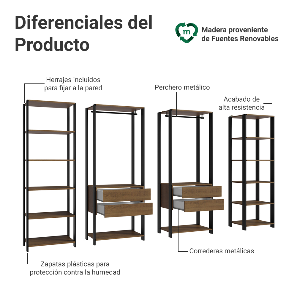 Clóset Modulado 4 Cajones 258cm Marrón/Negro 01 Valencia