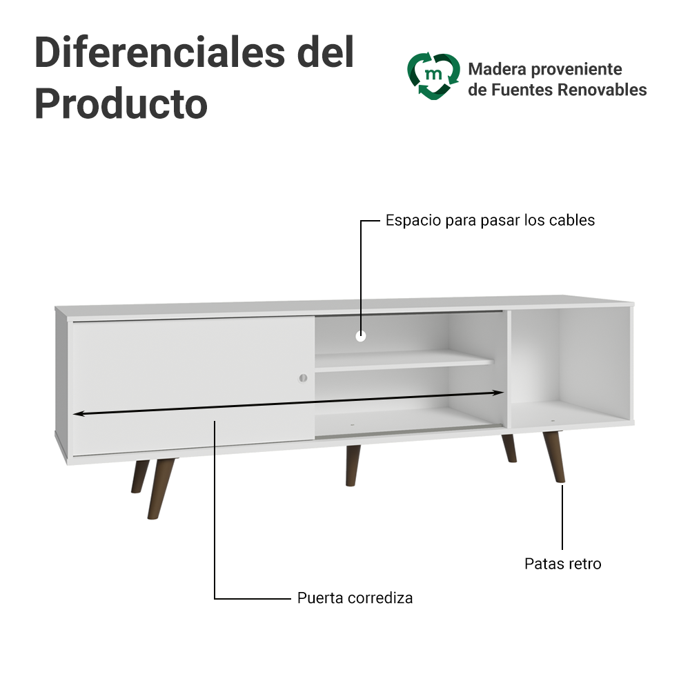 Mueble para TV hasta 80 Pulgadas 160 cm Con Patas Torino Blanco/Marrón
