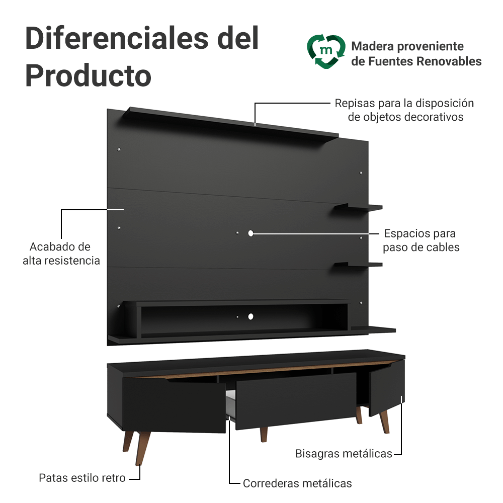 Mueble con Panel para TV hasta 60 Pulgadas 180 cm con patas Negro/Marrón Reims Madesa