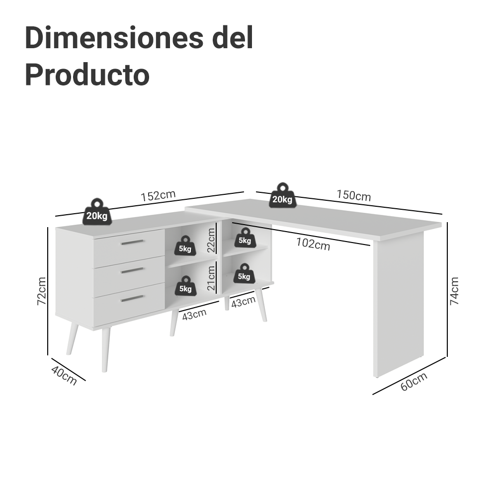 Escritorio Esquinero Gamer 302 cm 3 Cajones Blanco Madesa