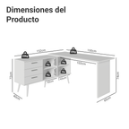 Escritorio Esquinero Gamer 302 cm 3 Cajones Blanco Madesa