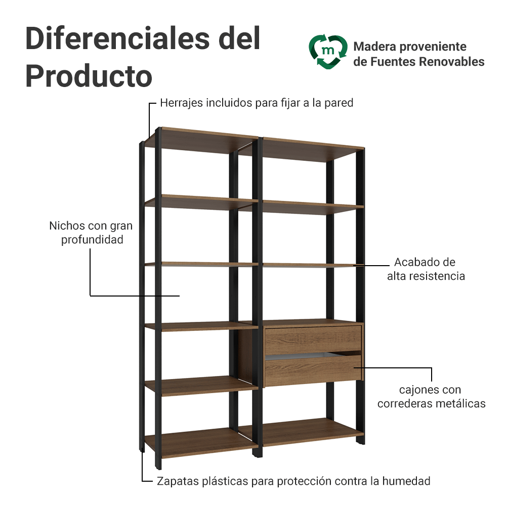 Estante Armario Multiuso para Escritorio 129cm 9 Repisas 2 Gavetas Marrón/Negro Madesa