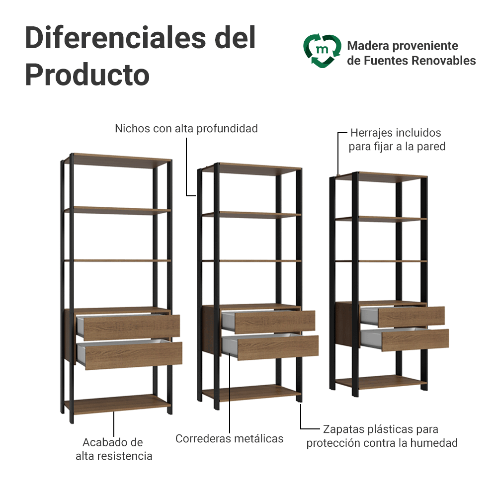 Armario Estante Multiuso 6 Cajones 12 Niveles 210cm Marrón/Negro