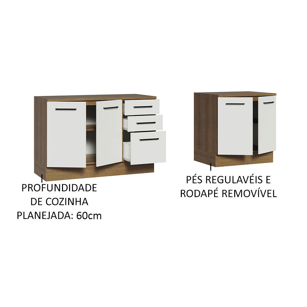 Kit 2 Gabinetes Bajos Multiuso 200 cm 4 Puertas 3 Cajones Marrón/Blanco Agata Madesa