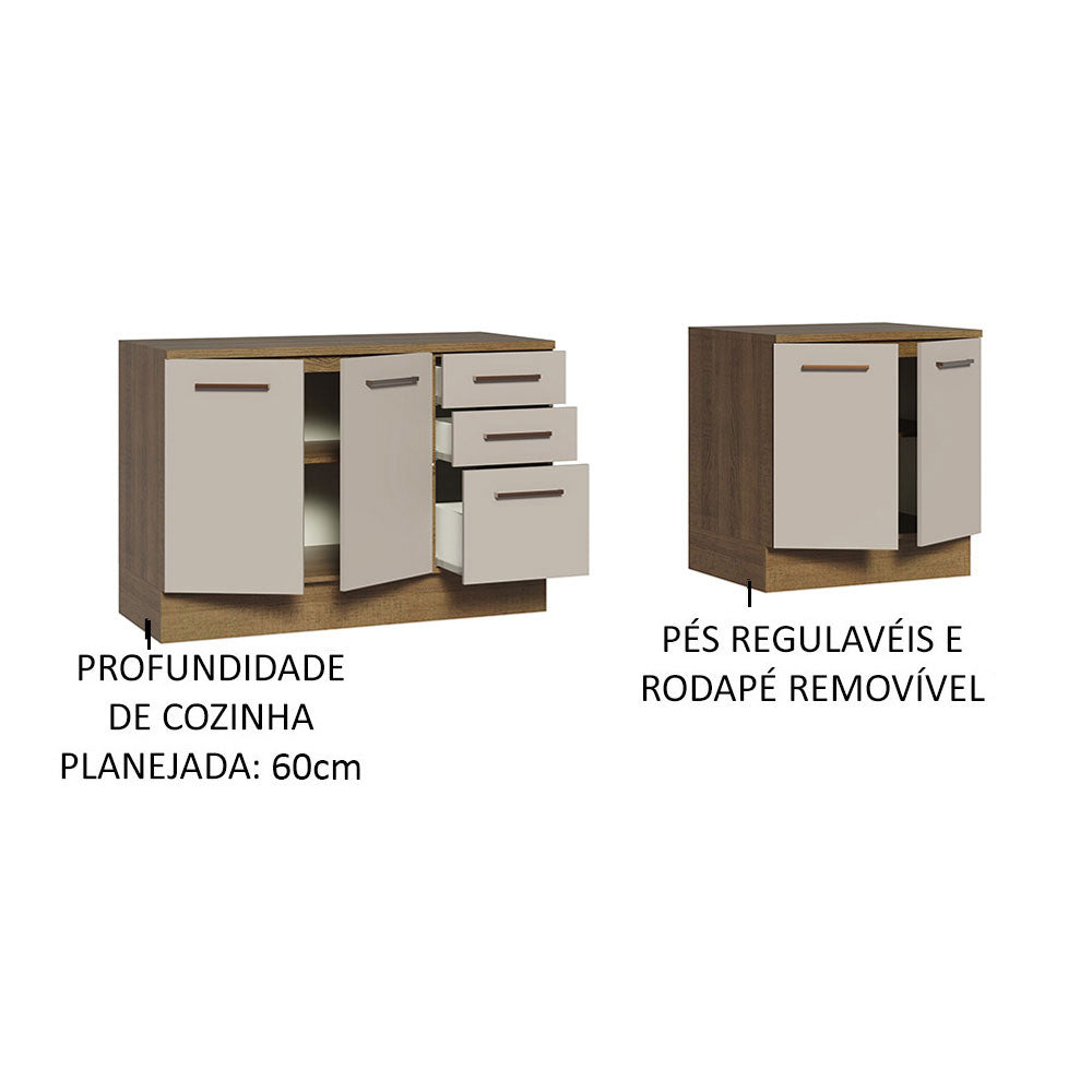 Kit 2 Gabinetes Bajos Multiuso 200 cm 4 Puertas 3 Cajones Marrón/Crema Agata Madesa