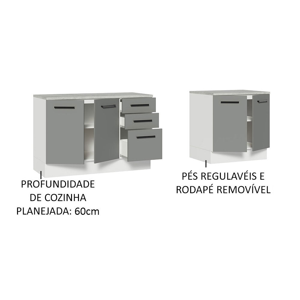 Kit 2 Gabinetes Bajos Multiuso 200 cm 4 Puertas 3 Cajones Blanco/Gris Agata Madesa