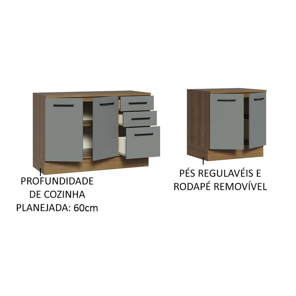 Kit 2 Gabinetes Bajos Multiuso 200 cm 4 Puertas 3 Cajones Marrón/Gris Agata Madesa